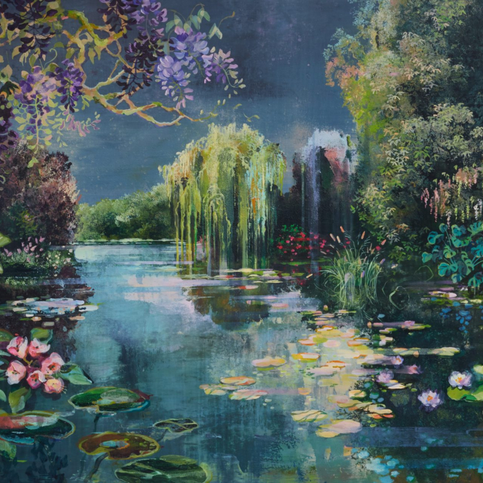 Mixed media on canvas painting of a moonlit and vibrant version of Claude Monet's garden at Giverny by Hugo Galerie artist Eric Roux-Fontaine titled "Les Jardins d'Eaux et de Feux III."